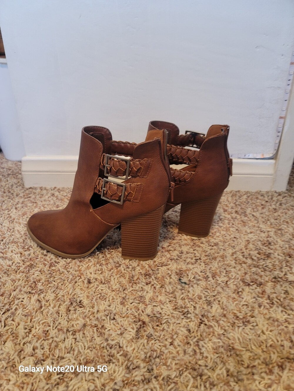 Women's Brown Faux-Leather Block Heel Ankle Booties with Buckle Detail